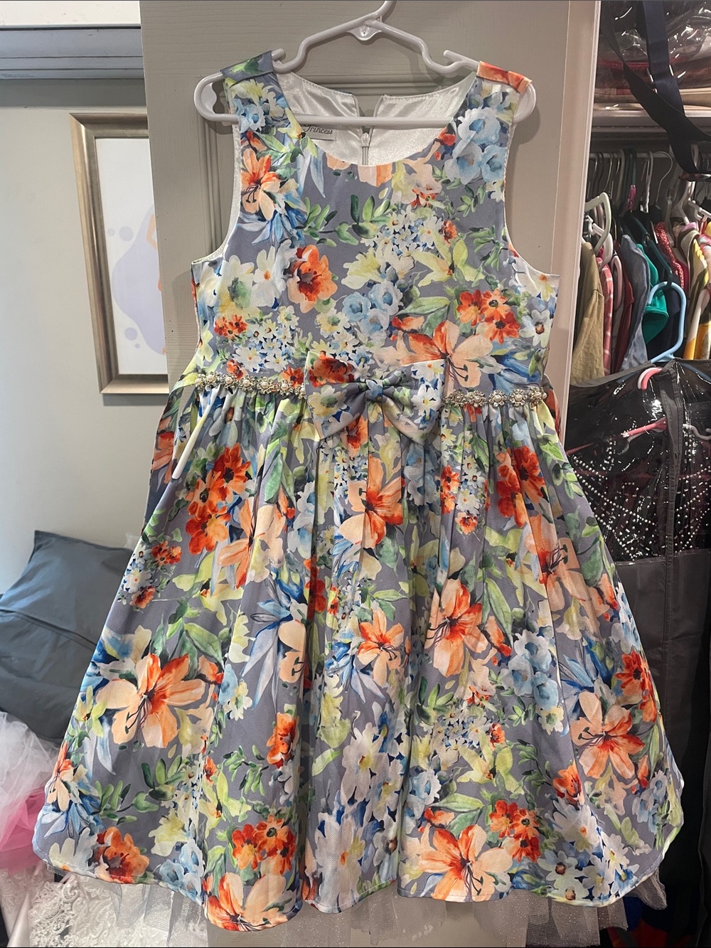 Girls Floral Bow-Front Party Dress - Blue Multi